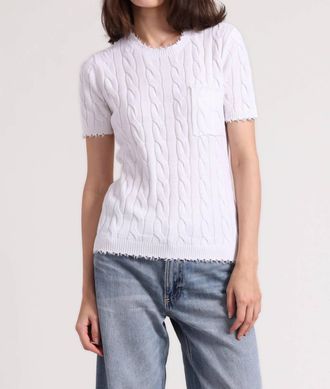 Minnie Rose Cotton Frayed Cable Short Sleeve Tee With Pocket In White