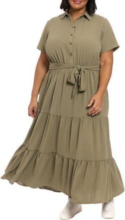 London Times Tiered Tie Waist Shirtdress in Olive at Nordstrom Rack, Size 2X