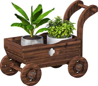 OEM Carretilla De Madera Decorativa Jardinera Elevada Con 4 Ruedas Asa Orificios De Drenaje 68x38x52 Cm Carbonizado