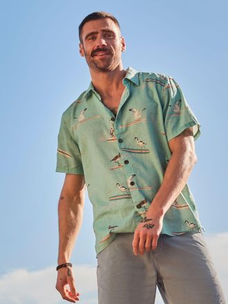 Fat Face FatFace Light Teal Short Sleeve Relaxed Fit Bird Print Shirt