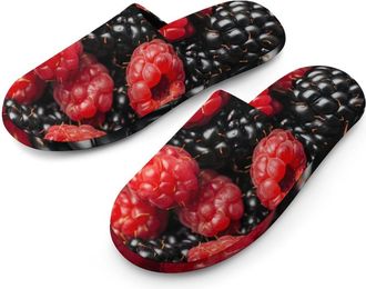 Generic Raspberries And Blackberries Mens Slippers Flannel Warm House Shoes with Rubber Anti-Slip Sole Slip On for Home Outdoor