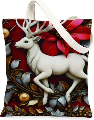 Generic Christmas Deer Canvas Tote Bags, Holiday Floral Reusable Grocery Bags, Winter Lightweight Washable Shoulder Strap for Outdo, Red, 13x15 Inch