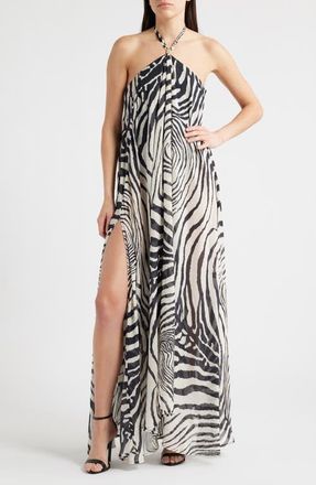 Delfi Isla Print Halter Silk Maxi Dress in Zebra at Nordstrom, Size X-Small