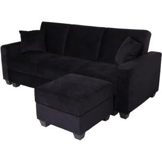 Hhg Divano letto angolare contenitore con penisola sof&agrave; reclinabile HHG 539 legno velluto nero