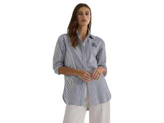 Lauren Ralph Lauren Relaxed Fit Striped Stretch Cotton Shirt Womens Clothing Blue/White : LG, Cotton/Elastane