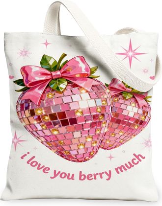 Generic Peach Strawberry Canvas Tote Bags, Cute Fruit Pattern Reusable Grocery Bags, Spring Floral Lightweight Washable Shoulder St, Peach, 13x15 Inch