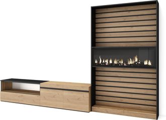 Skraut Home Skraut Home - Muebles De Sal&oacute;n Para Tv, Conjunto De Muebles Comedor, 310x186x35cm, Para Tv Hasta 80, Chimenea El&eacute;ctrica, Estilo Moderno, Roble Y Negro