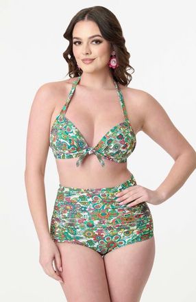Unique Vintage Monroe Halter Bikini Top in Green Floral at Nordstrom, Size X-Large