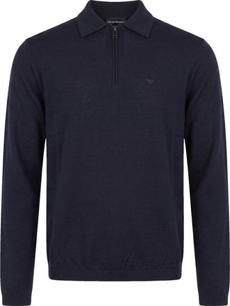 Emporio Armani Navy Blue Virgin Wool Half-Zip Knit Polo Shirt