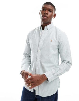 Polo Ralph Lauren Camicia Oxford slim a righe color verde scuro e bianco con logo