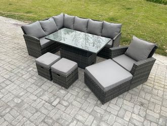 Fimous Outdoor Garden Furniture Set Wicker PE Rattan Height Adjustable Rising Lifting Table Sofa Dining Set with 3 Footstools Armchair