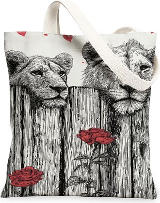 Generic Vintage Artistic Canvas Tote Bag, Lion and Rose Design Lightweight Washable Shopping Bags for Travel Beach Outdoor, Beige, 13x15 Inch