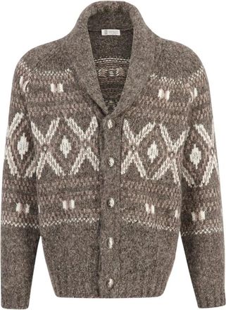 Brunello Cucinelli Truien & Vesten, Heren, Veelkleurig, M, Nylon, Bruin Geometrisch Jacquard Alpaca Vest