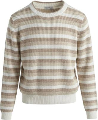 Brunello Cucinelli Gestreepte trui met ronde hals - Dames - Ronde hals truien - Beige - XS - Katoen - Truien & Vesten