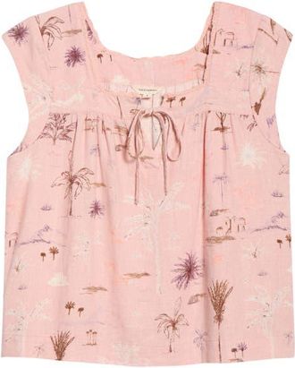 Lucky Brand Lace Trim Tie Neck Linen Blend Top in Mauve Palm Print at Nordstrom, Size Xx-Large