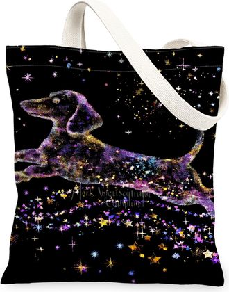 Generic Galaxy Dog Canvas Tote Bag, Starry Night Animal Pattern Reusable Grocery Bags, Lightweight Washable Shoulder Strap Canvas B, Black, 13x15 Inch