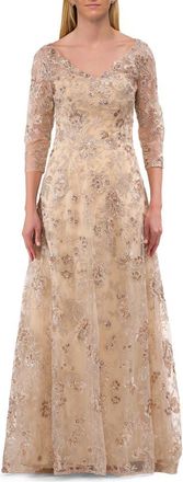 La Femme Lace Mother of the Bride Gown with V Neckline in Champagne at Nordstrom, Size 6
