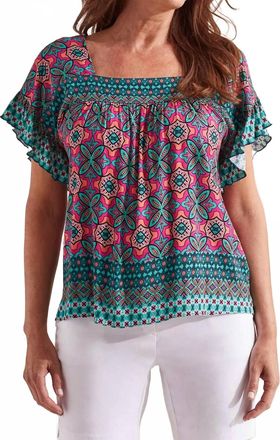 Tribal Peggy Printed Square Neck Blouse In Atlantic