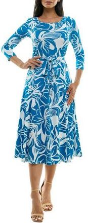 Nina Leonard Crewneck Three-Quarter Sleeve Midi Dress in Jaybird/White at Nordstrom Rack, Size X-Large