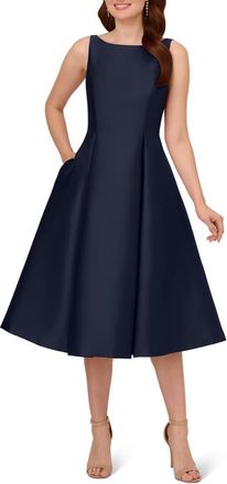 Adrianna Papell Sleeveless Mikado Fit & Flare Midi Dress in Midnight at Nordstrom, Size 6