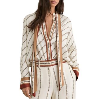 Reiss Lydia Chain Print Tie Neck Button-Up top in Ivory at Nordstrom, Size 12 Us