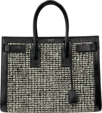 Saint Laurent Black White Canvas Leather Tote Bag (Pre-Owned)
