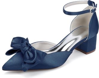 Generic Womens Low Block Heels Wedding Shoes Low Chunk Shoes Satin Bridal Pumps Prom Party Dress with Bow Pumps 4.5Cm,Dark Blue,10 UK