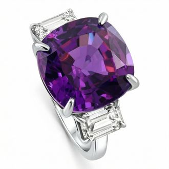 Pompeii3 11.90Ct Cushion Amethyst & Emerald Cut Diamond Ring 14k White Gold Lab Grown Size: 7