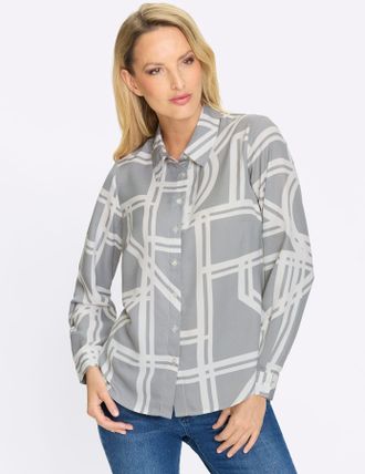 Heine Hemdbluse HEINE, Damen, Gr. 34, steingrau, ecru, bedruckt, 100% Polyester, bedruckt, gemustert, mehrfarbig, Rundhals, Blusen Hemdbluse