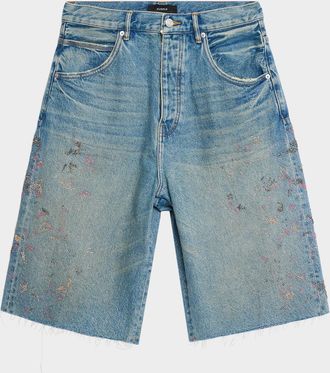 Purple Men & apos;s Beaded Splatter Denim Shorts