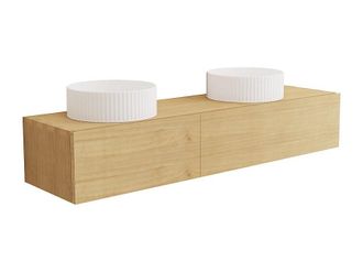 Vente-Unique Mueble de ba&ntilde;o suspendido estriado de madera de mindi con doble lavabo sobrepuesto de cer&aacute;mica - 150 cm - TIDORE