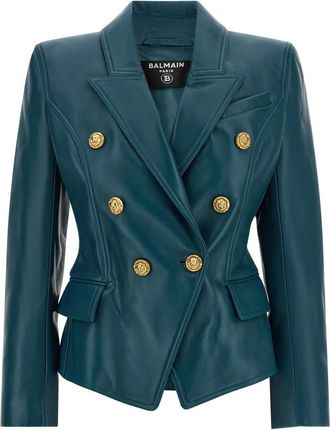Balmain Leren Jas met 6 Knopen - Dames - Leren en Su&egrave;de Jassen - Blauw - XS - Leer - Jassen