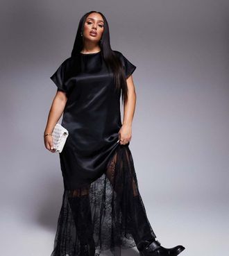 Asos Curve ASOS DESIGN Curve satin and lace mix maxi t shirt dress in black