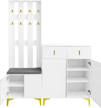 STILVORA Mueble De Entrada Con 2 Cajones Y 2 Puertas Y Banco Zapatero Con Coj&iacute;n, Blanco, En Tablero De Part&iacute;culas, 60,5&times;35,2&times;180,5 Cm