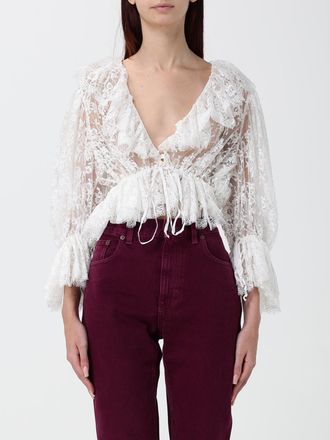 Chlo&eacute; Blusa cropped in pizzo drappeggiato con scollo a V e maniche svasate