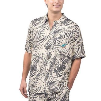 Margaritaville Mens Margaritaville Tan Miami Dolphins Sand Washed Monstera Print Party Button-Up Shirt in Cream at Nordstrom, Size X-Large