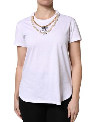 Dolce & Gabbana Womens White Chain Pearl Cotton Round Neck T-Shirt