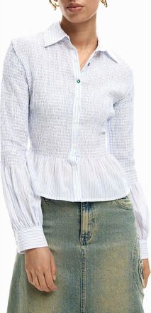 Desigual Stripe Smocked Peplum Cotton Blend Button-Up Shirt in Medium Beige at Nordstrom, Size Large
