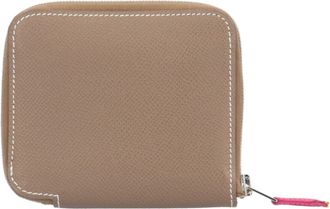 Herm&egrave;s Silkin Beige Etoupe Gray Multi-Color Epsom Leather Silk Coin Purse/Coin Case (Pre-Owned)