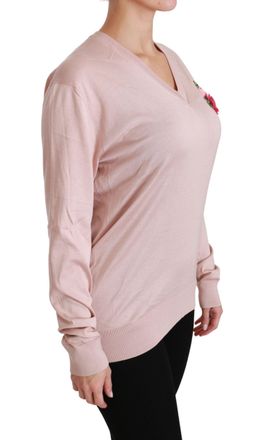 Dolce & Gabbana Womens Pink Floral Embellished Pullover Silk Sweater Clothing
