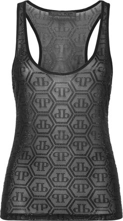 Philipp Plein Tulle Tank Top Monogram Strass - Dames - Tops zonder mouwen - Zwart - S - Katoen - Tops
