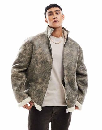 Asos Giubbotto oversize stile aviatore in pelle sintetica nero slavato