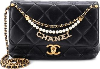 Chanel Logo Chains Flap Bag Quilted Lambskin with Faux Pearls and Crystals Small shoulder bag - Zwart