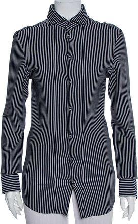 Emporio Armani Navy Blue Striped Cotton Knit Button Front Shirt