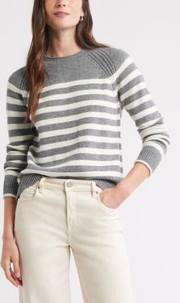 Caslon Raglan Sleeve Roll Neck Wool & Cotton Sweater in Grey- Ivory Stripe at Nordstrom Rack, Size X-Large