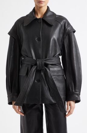 Nour Hammour Perrin Belted Leather Jacket in Black at Nordstrom, Size X-Small