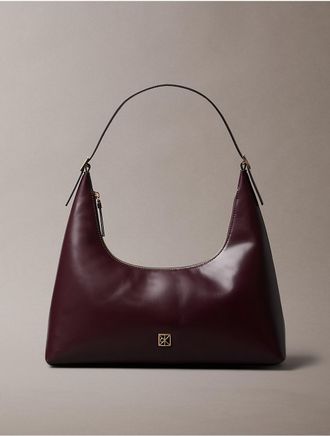 Calvin Klein Womens Emblem Logo Leather Shoulder Bag - Brown