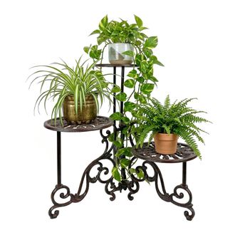 Relaxdays Soporte Para Plantas Relaxdays, Vintage, 3 Estantes, Hierro Fundido, 58 X 50 X 50 Cm, Para Exterior, Marr&oacute;n Oscuro