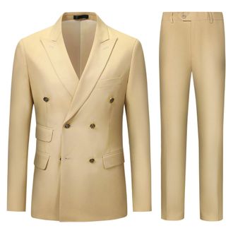 AlltheMen Mens 2 Piece Double Breasted Suits Business Slim Fit Suit Formal Suit Jackets Trousers Beige XL