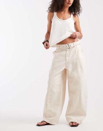 Asos Pantaloni a fondo ampio in tela color pietra con cintura-Neutro